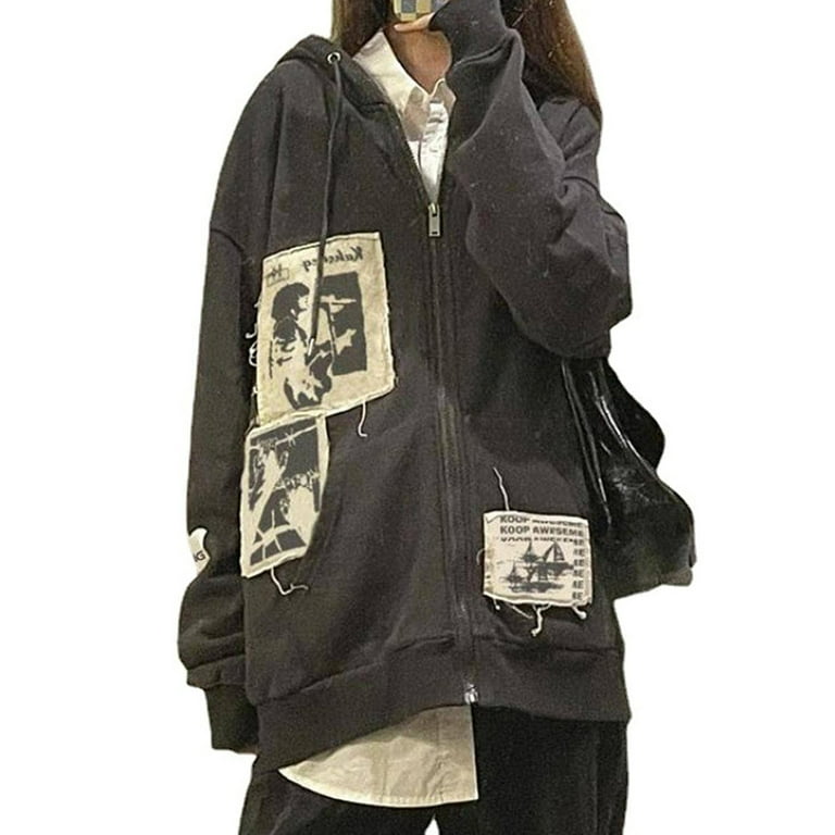 CenturyX Women Oversized Zip Up Hoodie Jacket Y2K Graphic Sweatshirt  Letters Printed Vintage E-girl 90s Hoodies Streetwear S