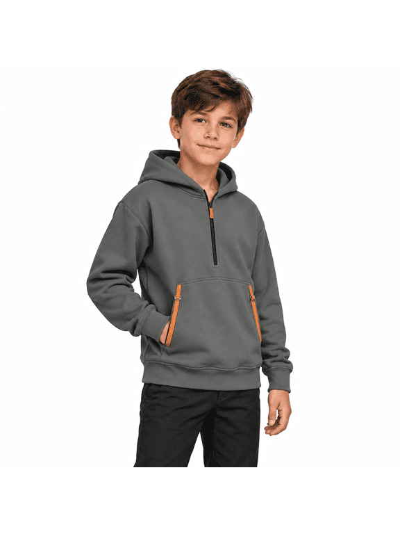 Boys Quarter Zip Hoodie Fleece Hooded Sweatshirt With Pockets Kids Soft Long Sleeve Pullover Fall Winter School Clothes Dark Gray Size 12-14years