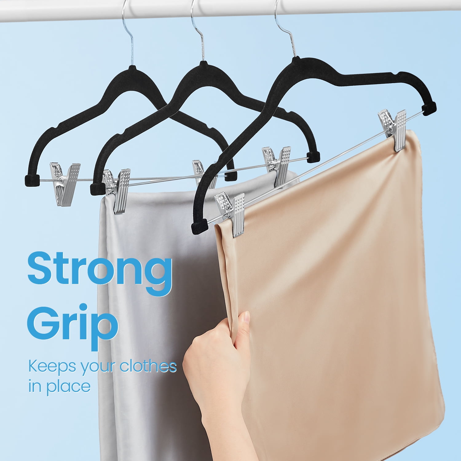 LEDREM 30-Pack Adjustable Velvet Hangers, Heavy-Duty Non-Slip Skirt Hangers, Pants Hangers with Movable Clips, Space-Saving for Dresses & Coats, Black