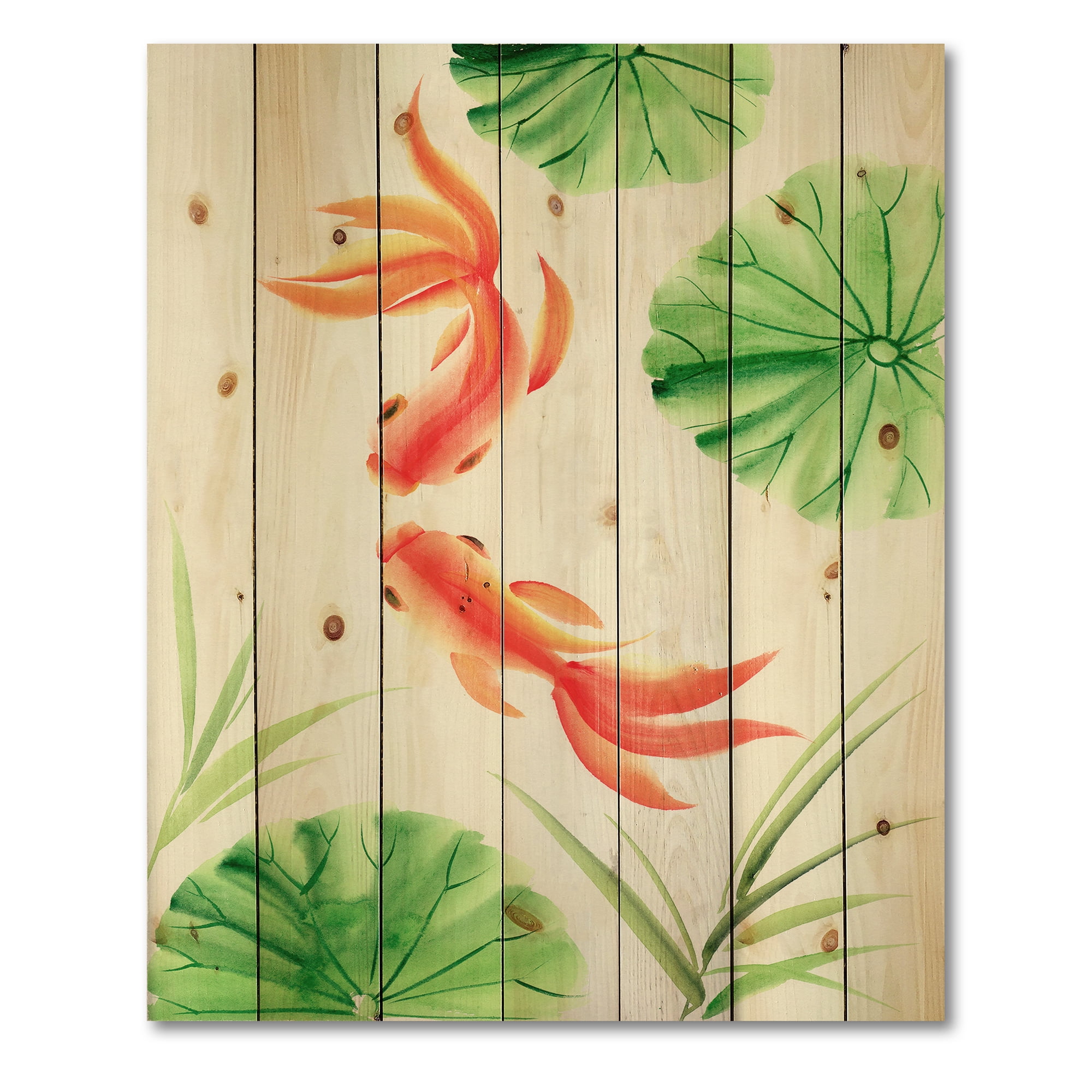 Designart 'The Lotus Leaves With Goldfishes' Nautical & Coastal Print on Natural Pine Wood
