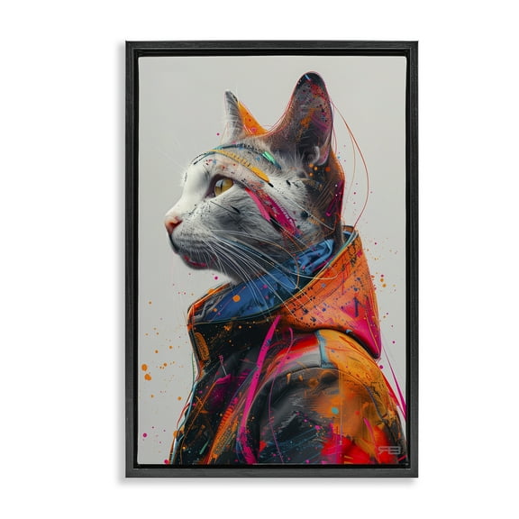 Stupell Industries Paint Splatter Cat Animals & Insects Painting Black Floater Framed Canvas Art Print Wall Art, 17 x 25