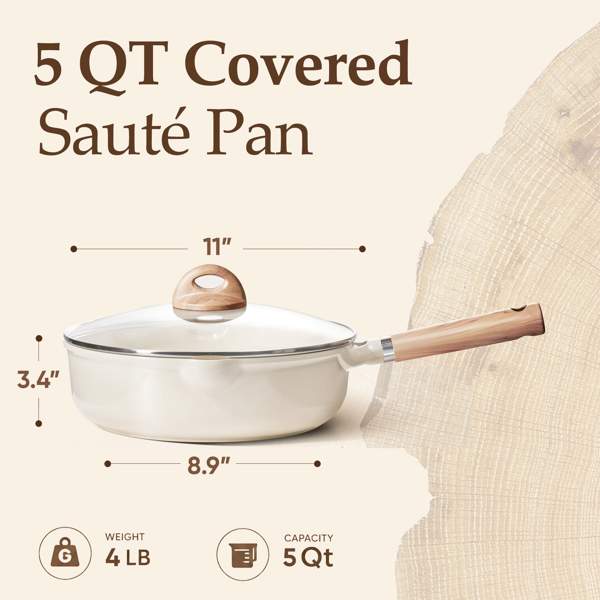 Carote 11" Ceramic Nonstick Saute Pan with Lid Cover Non-Stick Deep Frypan With Induction, Bon Appetit, White Granite, 5QT