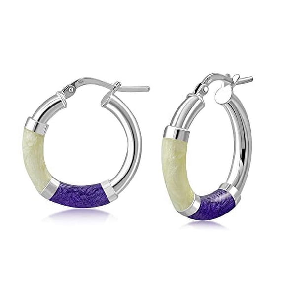925 Sterling Silver Purple White Hoop Earrings (M)
