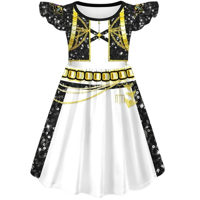 moonsky girls kpop demon hunters huntrix dress pop singers mira/ rumi/zoey princess dress halloween fancy dress costumes stage dresses cosplay outfits set for 3-14 years(140#gold) Front-facing children's cosplay dress with a black sequined-look bodice, ruffled cap sleeves, gold chain and lace printed trim, and a white A-line skirt with gold stripe and chain graphics; shown on white background, fits child sizes for ages 3–14 and suitable for Halloween, cosplay or stage performances; 140# fits approx. 130–140 cm.