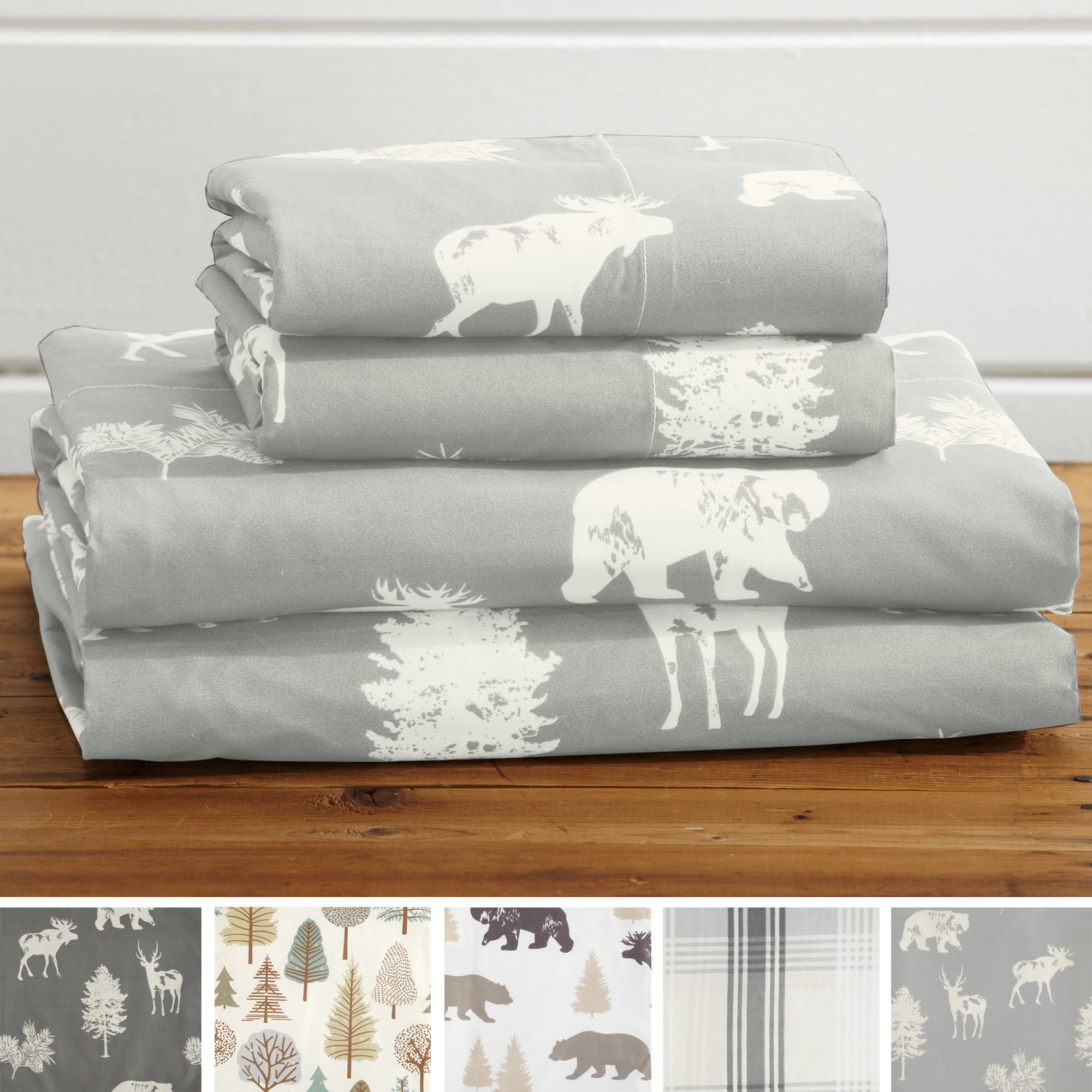 3-Piece Lodge Printed Ultra-Soft Microfiber Sheet Set Beautiful Patterns Drawn from Nature Twin, Forest Animal - Light Grey All-Season Bed Sheets. Comfortable