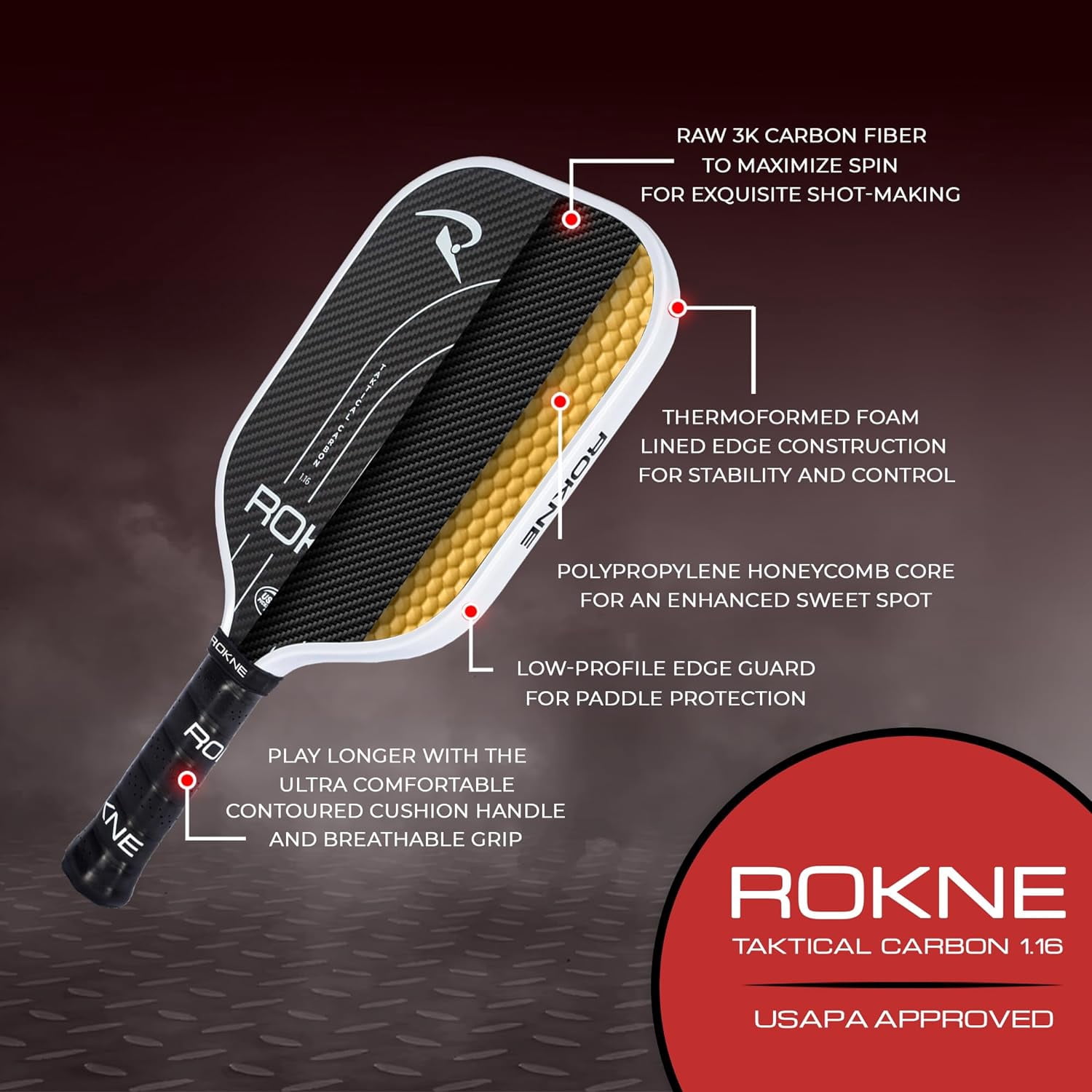 Rokne Taktical 3K Raw Carbon Fiber Pickleball Paddle Thermoformed Foam Lined Racket Edge, 16mm