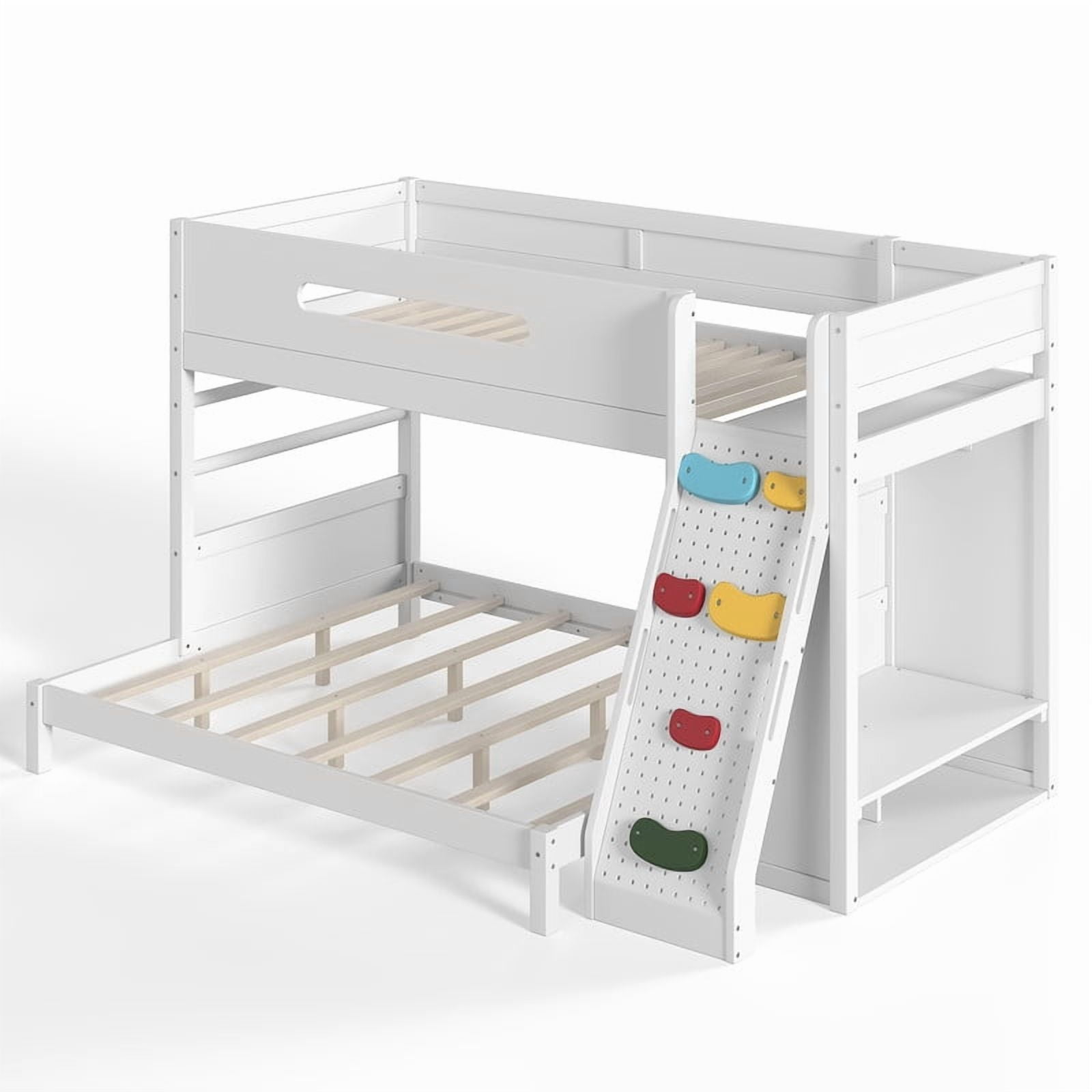 Twin XL Over Queen Bunk Bed with Built-In Wardrobe & Storage, Solid Wood Kids Bunk Bed with Guardrails, Rock Climbing Wall & Upgraded Slats, No Box Spring Needed