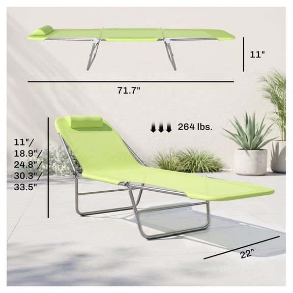 Folding Chaise Lounge Pool Chairs, Outdoor Sun Tanning Chairs with Pillow, Reclining Back, Steel Frame & Breathable Mesh for Beach, Yard, Patio, Green