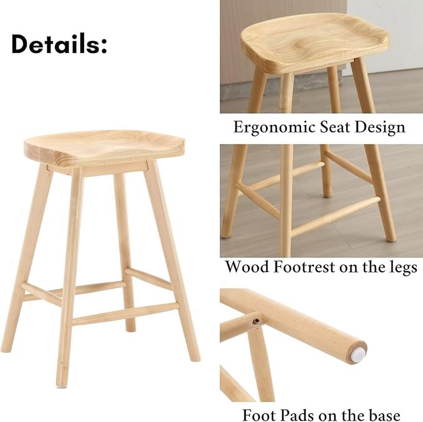Guyou Backless Counter Stools Set of 2, 24 Inch Rustic Farmhouse Wooden Saddle Stools, Bar Stools for Kitchen Island Bar Bistro, Natural
