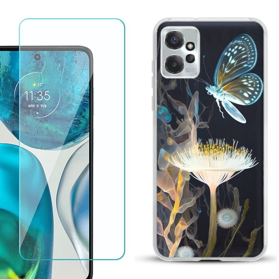 OneToughShield ® for Motorola Moto G Power 5G 2023 Shockproof Fashion Phone Case, with Tempered Glass Screen Protector - Butterfly Translucent