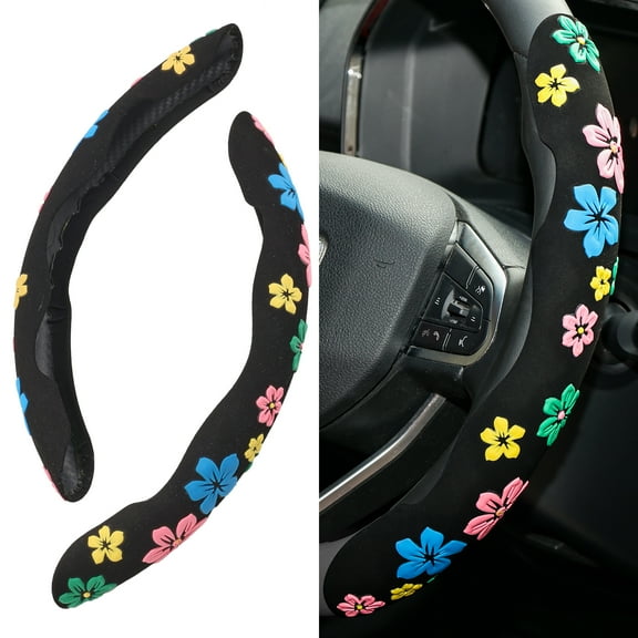 XUKEY 2PCS Suede Car Steering Wheel Cover Booster Black Fleece Printed Anti-slip for Women Lady