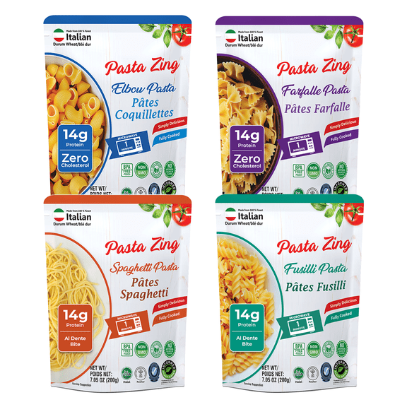 Pasta Zing Microwavable Variety Pasta Pack of 7 | 2x Farfalle | 3x Spaghetti | 1x Fusilli Pasta | 1x Elbow | Microwave Pasta Ready To Eat in 60 Sec - Fully Cooked -100% Durum Wheat 7.05 Ounce