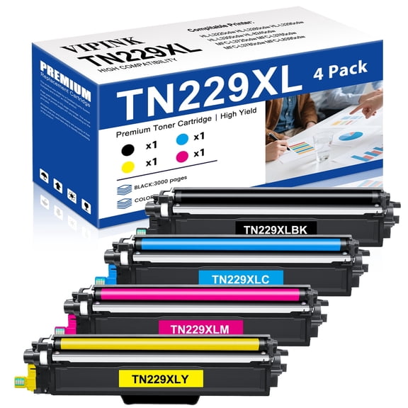 TN229XL TN229 Toner Cartridge with Chip Compatible for Brother TN229 TN-229XL TN-229 for HL-L3280CDW HL-L3220CDW MFC-L3720CDW MFC-L3780CDW HL-L3300CDW Printer (Black Cyan Magenta Yellow, 4-Pack)