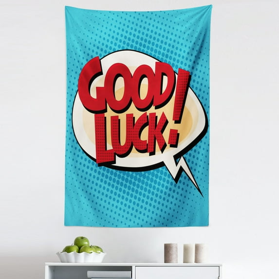 Vintage Tapestry, Comic Book Pop Art Style Retro Speech Balloon Luck Text, Fabric Wall Hanging Decor for Bedroom Living Room Dorm, 5 Sizes, Pale Blue Red Yellow, by Ambesonne