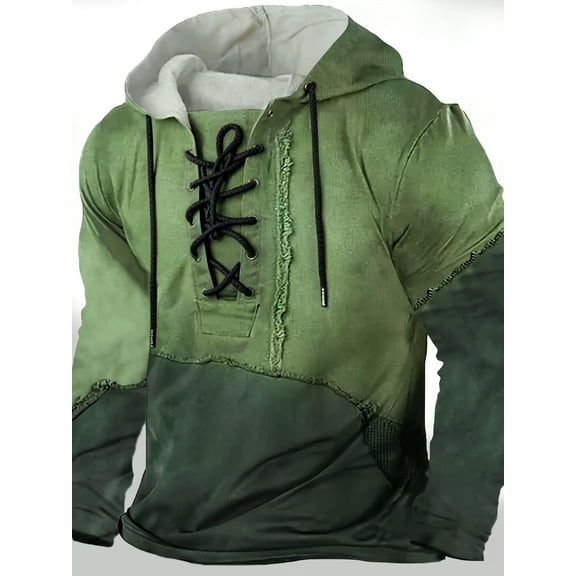 Mens Vintage Distressed Hoodie with Drawstring Hood Unique Green Gradient Design Casual Sweatshirt