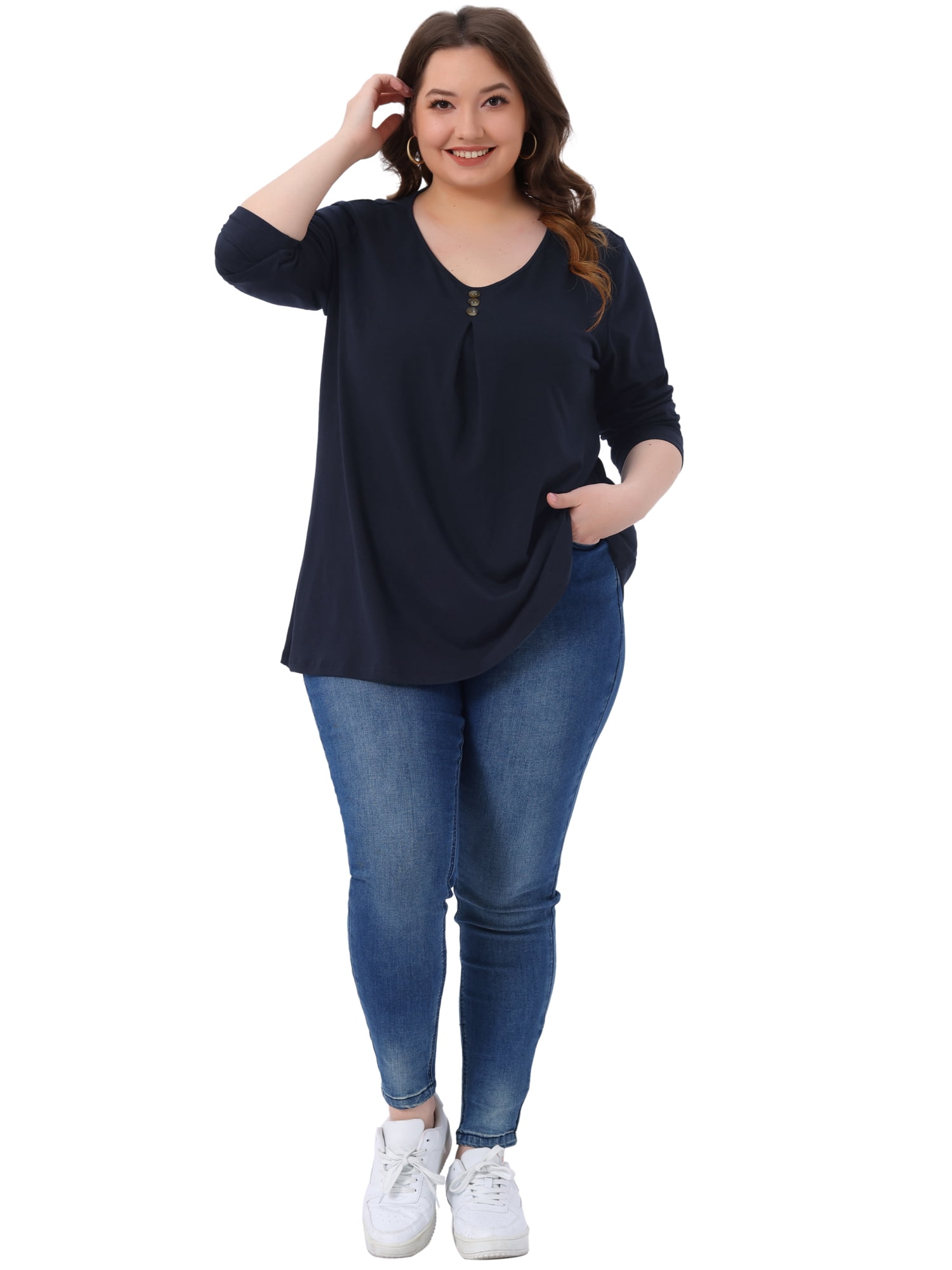 DARING DIVA Women's Plus Long Sleeve V Neck Button Loose Top 4X Dark Blue