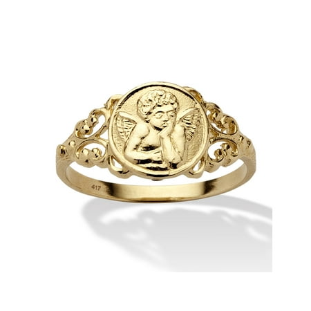 - Cherub Guardian Angel Open Scrollwork Ring in Solid 10k Yellow Gold