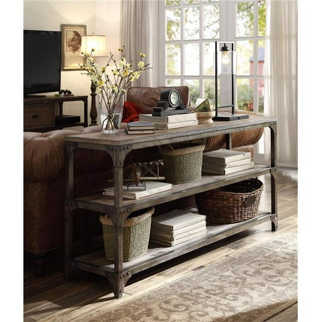 Home Roots Furniture 286025 Table Console 30 x 60 x 16 Po en Placage de Pin et MDF - Chêne Vieilli et Argent Antique
