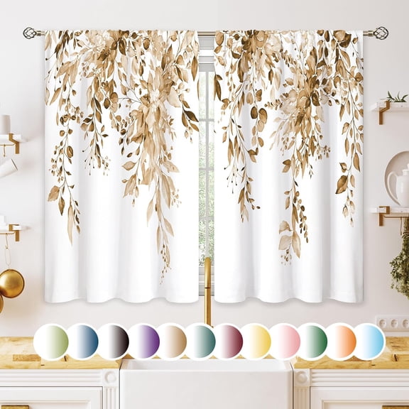 Eucalyptus Leaf Kitchen Window Curtains – Botanical Floral Farmhouse Cafe Short Curtains for Bathroom, Living Room, Sage Green & Tan Small Window Treatment, 2-Panel Set
