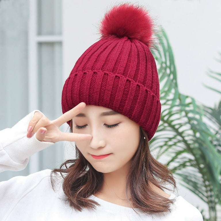 Generic Women'S Classic Ribbed Knit Hat Comfy Winter Pom Pom