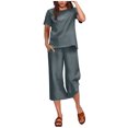 thumbnail image 3 of DDAPJ pyju Womens Linen Lounge Set 2 Piece Casual Matching Sets Short Sleeve Crop Tops and Capri Pants Set Summer Beach Travel Vacation Outfits Ofertas relámpago Dark Gray XL, 3 of 6