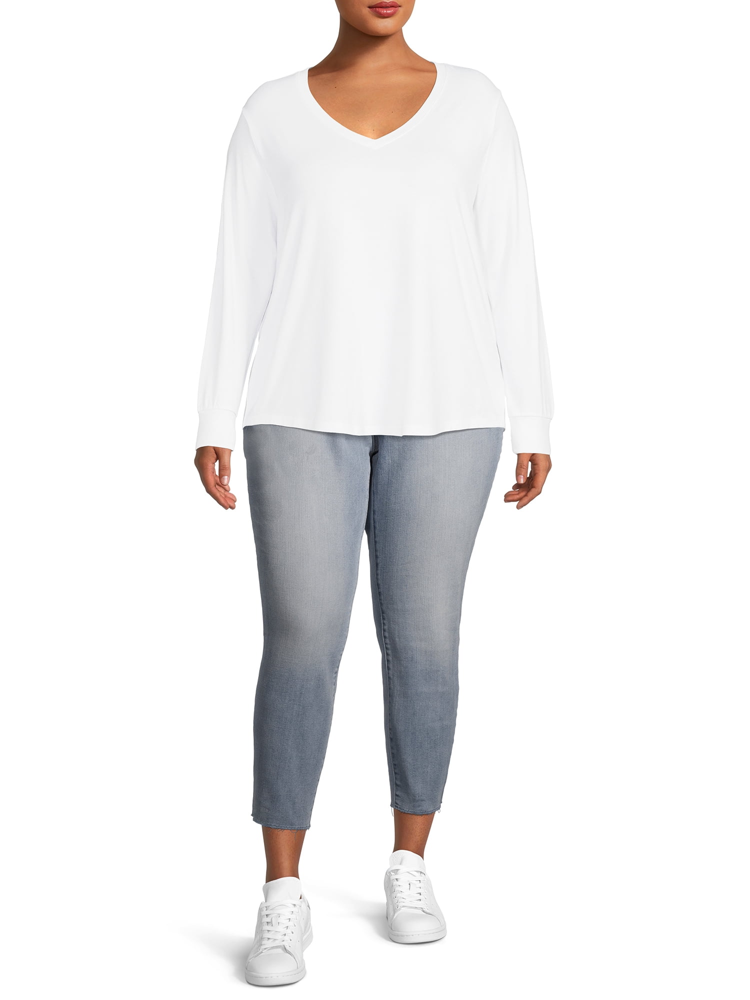 Terra & Sky Women's Plus Size V-Neck T-Shirt with Long Sleeves, 2-Pack