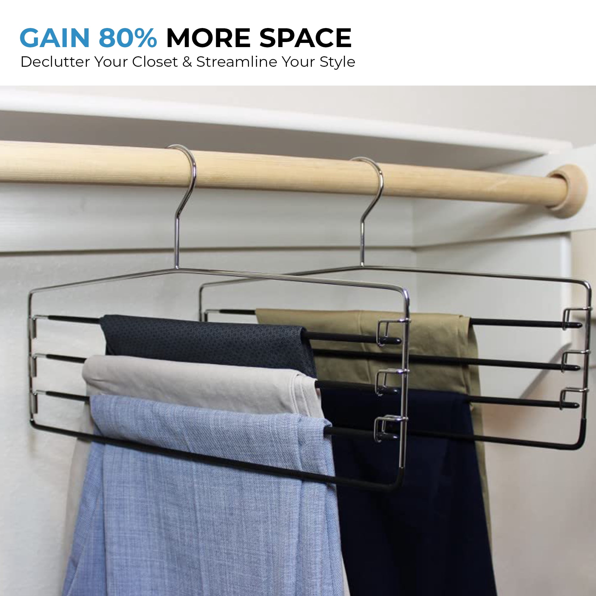 USTECH 4-Tier Non Slip Pants Organizer Chrome Metal Clothes Hanger, 6 Pack