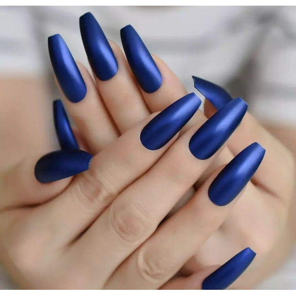 Midnight Sky, Blue Matte Press On Nails, Extra Long Artificial Tips Ballerina Fake Nails Set