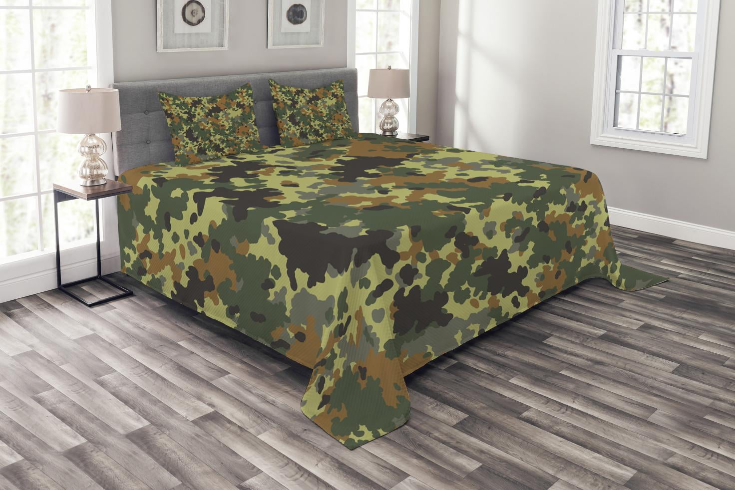 Camo Bedspread Set Queen Size, Classical Germany Camouflage Pattern Forest Jungle Colors Design