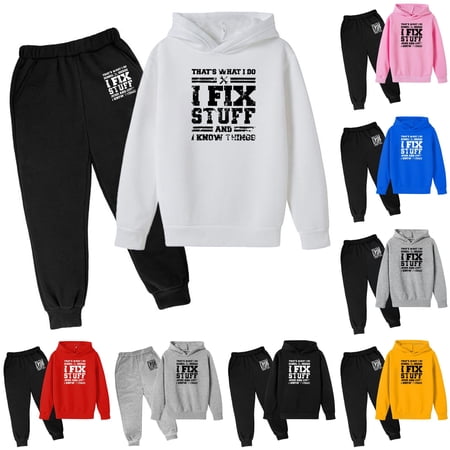 Krdevn Toddler Boys Back To School Clothes Double Side Distressed Mechanic Quote Graphic Hooded Top and Elastic Sweatpants 2 Piece Outfit Set 3-4 Years White