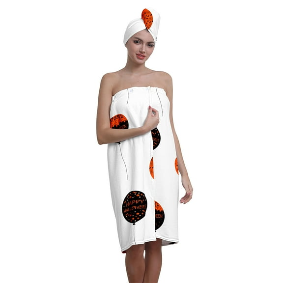 Colevkie Women's 2 Pcs Adjustable Bath Skirt & Absorbent Hair Drying Cap Set Wrap Towel Shower Cap Quick Drying Bath Wrap Set Printed Halloween Balloons Pattern