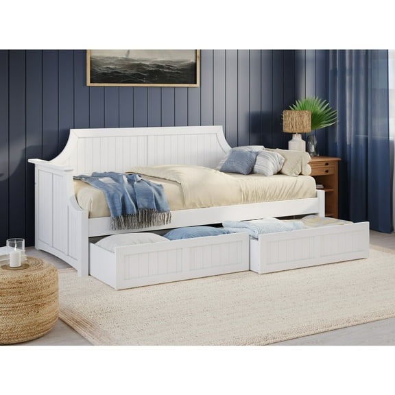 Twin Daybed with Drawers - Wood Frame, Curved Back, White Finish - 79" L x 39" W