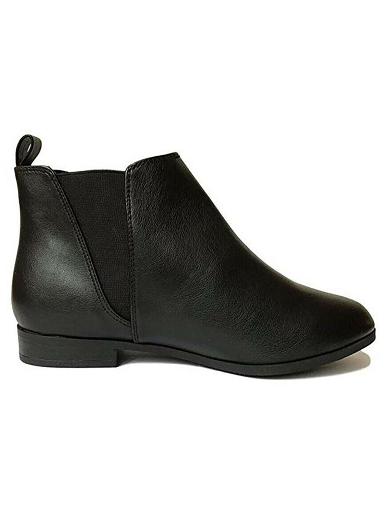 Women's Chelsea Low Heel Ankle Boots Pull On Leather Oxfords Black Shoes Comfort