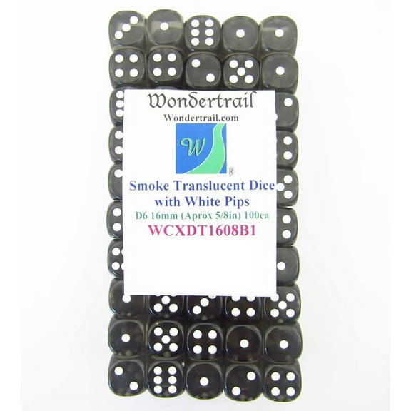 Smoke Translucent Dice with White Pips D6 16mm (5/8in) Pack of 100 Wondertrail