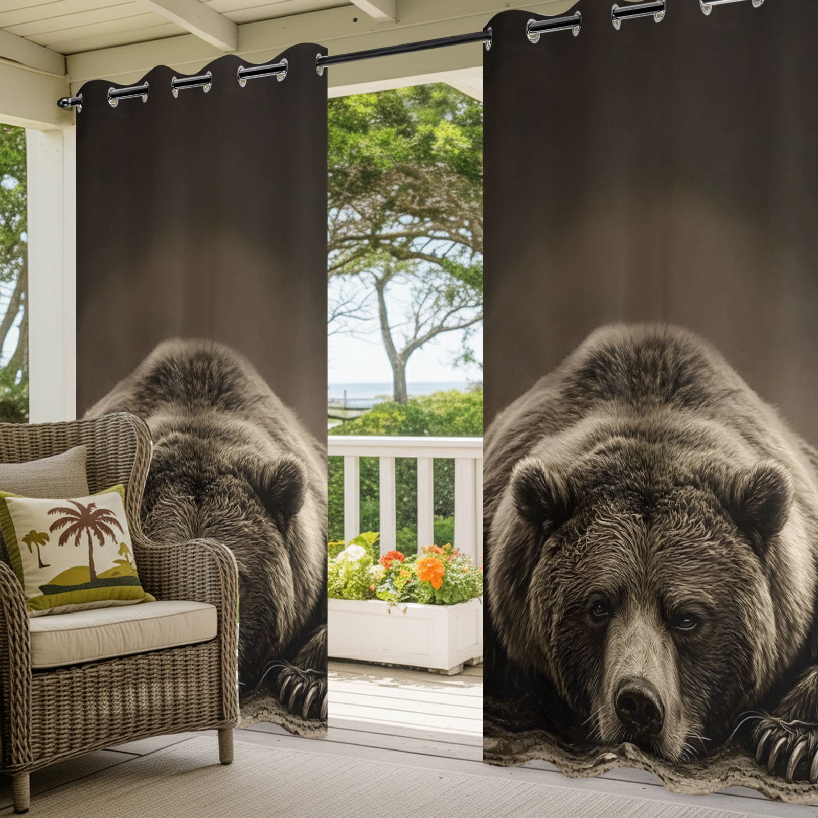 Brown Bear Outdoor Curtains for Patio, Forest Wildlife Animal Rustic Sunshade Privacy Drapes Grommet Waterproof Outside Curtains for Porch/Cabana/Balcony 54"x 108", 1 Panel