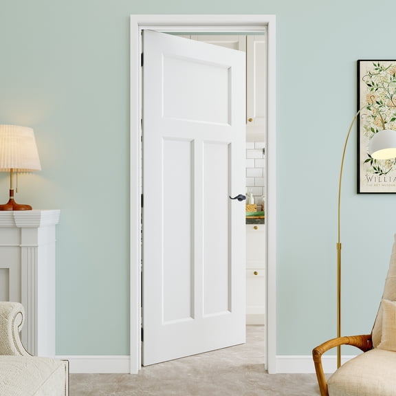 24"x80", T Shape-Panel Molded Solid Interior Prehung Door with Curve Lever and Black Hinges, Solid Core Door Slab, Paintable & Waterproof, Suit for Laundry, Closet Doors, Room Doors, Left Hand