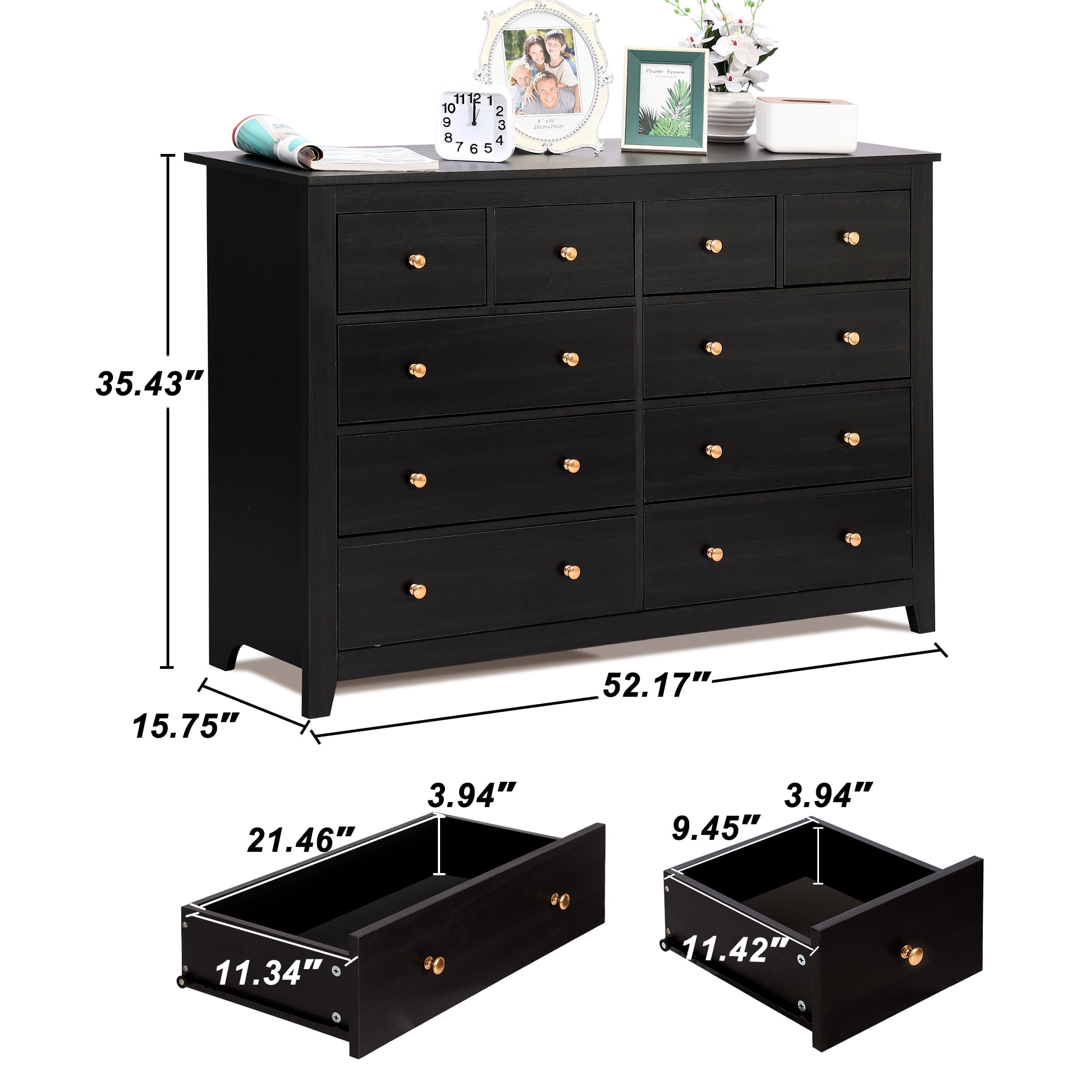Magic Union 10 Drawer Double Dresser with Metal Handles and Various Size Wide Deep Drawers,Smooth Metal Rail,Modern and Contemporary Wood Dresser Chest for Bedroom,Living Room,Closet,Black