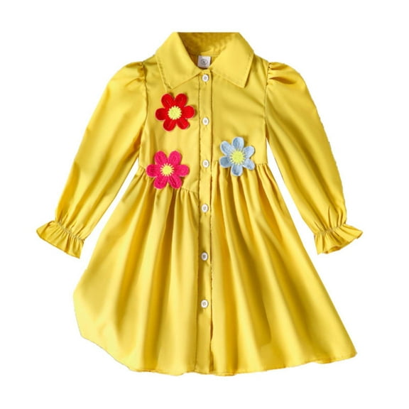 WhouRiu Toddler Girl's Dresses 3D Flower Long Sleeve Button Up Shirt Dress Children Cozy Loose Spring Autumn Dresses Yellow,Size 4-5 Y