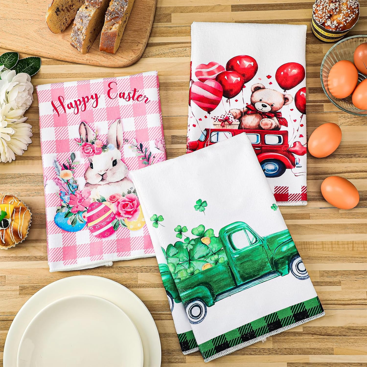 6 Pcs Easter Kitchen Towels St. Patrick''s Day Valentine''s Day Dish Hand Towels 23.62 x 15.75 Decorative Holiday Heart Gnome Shamrock Bunny Tea Dry Cloth‌ for Seasonal Kitchen Bathroom Decor
