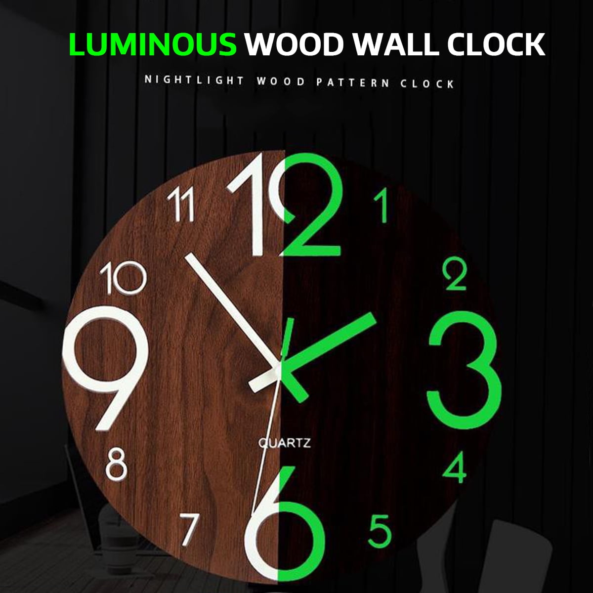 11.8" Wall Clock Glow In The Dark Silent Quartz Indoor Bedroom Wooden