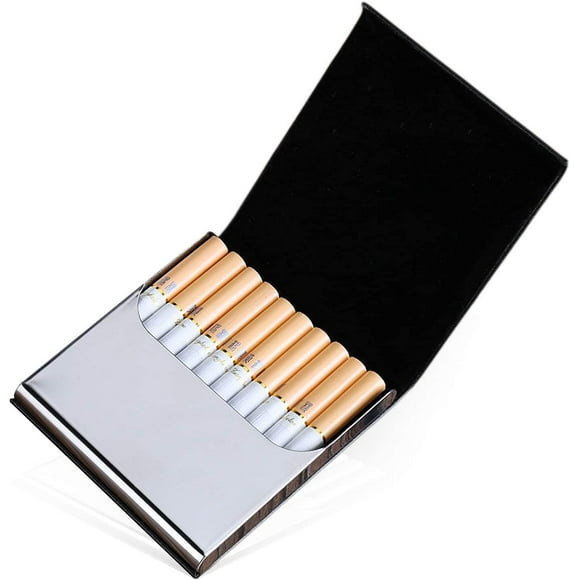 Cigarette Case, Cigarette Holder Slim Box in Stainless Steel Metal for Tobacco with PU Leather Cover and Velvet Interior, Ultra-thin, Black