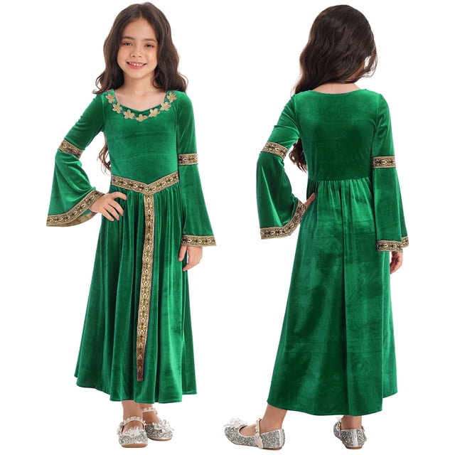 TiaoBug Robe à Manches Longues Évasées pour Filles Enfants, Robe de Princesse Médiévale, Robes Maxi Renaissance, Robes de Bal Vert 6