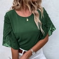 thumbnail image 3 of Mujer Cuello Redondo Top Mangas De Medio Pétalo Costuras De Encaje Tipo Suelto Camiseta Casual para Verano Verde XL, 3 of 6