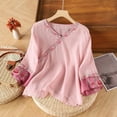 thumbnail image 2 of MIXUE Womens Summer Tops Linen Floral Embroidered Round Neck Long Sleeve Loose Retro Shirts For Women T-shirts Sportwear,Pink,XXL, 2 of 3