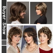 QUEENTAS Mullet Wig Short Brown Wigs for Women Synthetic Brown Wig with Bangs Mix Blonde Highlights