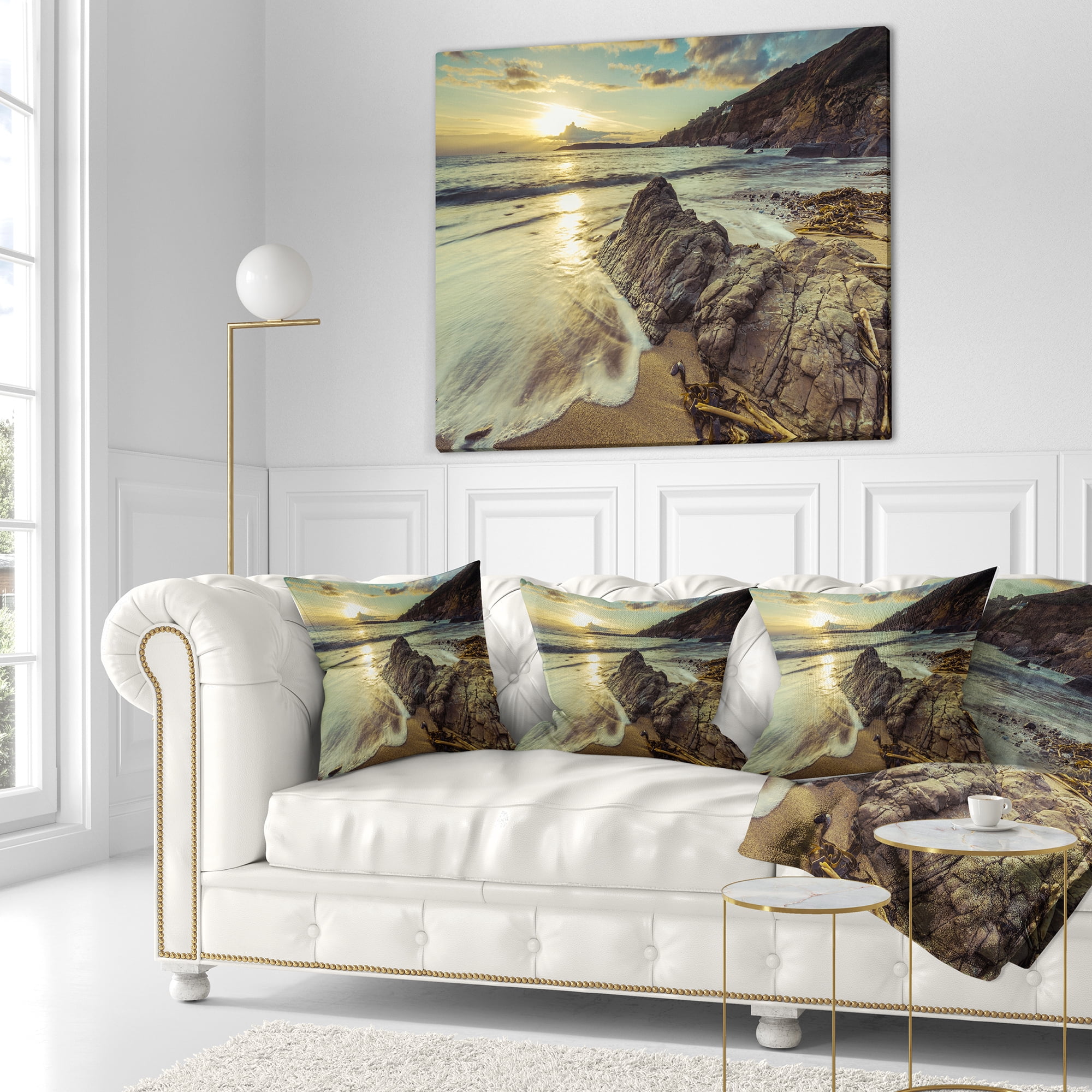 Designart Sunset at Beach Vintage Style - Modern Seascape Throw Pillow - 16x16