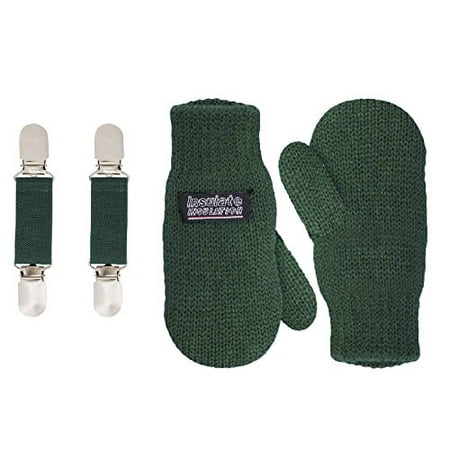 SANREMO Unisex Kids Toddler Knitted Fleece Lined Warm Winter Mittens and Mitten Clips Set (4-6 Years, Hunter Green)