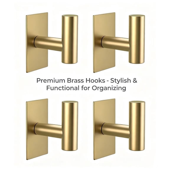 Adhesive Wall Towel Hooks, Heavy Duty Waterproof Sticky Hooks, Wall Mount for Coat Clothes Closet Kitchen Bathroom, Gold, 4 Pack