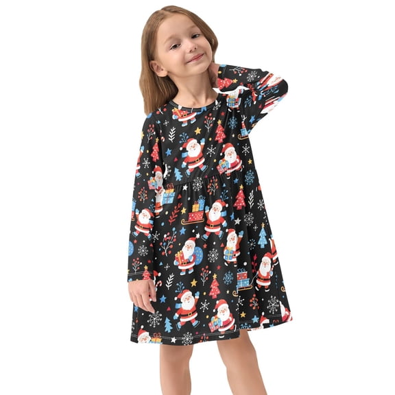 Girls Dress Soft Casual Long Sleeve Cute Dress for Girls Fashion Prints Christmas Seamless Crew Neck