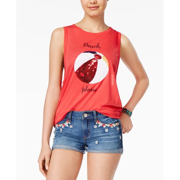 Freeze 24-7 Juniors' Sequined Beach Graphic Tank Top Red L